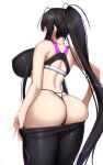  1girl akitsuki_karasu ass bare_shoulders black_hair breasts character_request highres huge_ass huge_breasts leggings long_hair micro_panties original panties ponytail sidelocks simple_background solo sports_bra sweat underwear very_long_hair 