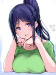  1girl bangs birthday blush breast_rest breasts commentary dated gengoroh high_ponytail large_breasts looking_at_viewer love_live! love_live!_sunshine!! matsuura_kanan ponytail purple_eyes purple_hair sidelocks signature solo upper_body white_background 