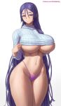  1girl blush breasts clothes_lift fate/grand_order fate_(series) highleg highleg_panties highres huge_breasts large_breasts long_hair looking_at_viewer mature_female minamoto_no_raikou_(fate) navel panties patreon_username pink_panties ribbed_sweater simple_background solo superbusty sweater thick_thighs thighs turtleneck turtleneck_sweater underwear very_long_hair wide_hips 