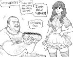  1boy 1girl absurdres apron bb_(baalbuddy) english_text fat fat_man food greyscale highres holding holding_food monochrome obese original pinstripe_pattern sandwich short_twintails simple_background skirt speech_bubble striped twintails wendy&#039;s wendy_(wendy&#039;s) white_background 