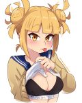  1girl absurdres artist_name bangs black_bra blonde_hair blunt_bangs blush boku_no_hero_academia bra breasts closed_mouth clothes_lift dashi double_bun flashing hair_bun highres looking_at_viewer sailor_collar school_uniform serafuku shirt_lift sidelocks smile solo sweater_vest toga_himiko tongue tongue_out underwear upper_body yellow_eyes 