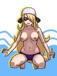  1girl bare_legs barefoot blonde_hair blush blush_visible_through_hair breasts collarbone commentary_request cosplay cynthia_(pokemon) full_body goggles habatakuhituji hair_ornament knees long_hair male_swimwear navel nervous_smile nipples open_mouth pokemon pokemon_(game) pokemon_dppt shiny_skin smile solo squatting sweat swim_cap swimmer_(pokemon) swimmer_(pokemon)_(cosplay) toes topless 