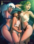  3girls aqua_headwear artist_name atlantis:_the_lost_empire audrey_ramirez bare_legs black_hair black_panties blonde_hair blue_panties braid braided_ponytail dated feet_out_of_frame hair_between_eyes hat heart height_difference helga_sinclair kidagakash long_hair multiple_girls navel panties parted_lips queen_complex smile tank_top underwear underwear_only web_address white_hair white_panties white_tank_top yuri 