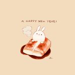  animal chai_(drawingchisanne) commentary_request food food_focus happy_new_year in_food looking_at_viewer mochi no_humans original rabbit signature simple_background steam undersized_animal yakimochi 