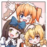  3girls black_hair blonde_hair blue_eyes blue_ribbon blush fairy fairy_wings keepkeep0322 long_hair long_sleeves looking_at_viewer luna_child multiple_girls one_eye_closed open_mouth red_eyes red_hair ribbon smile star_sapphire sunny_milk touhou two_side_up wings yellow_eyes 