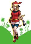  1girl bandana bike_shorts_under_skirt black_socks blonde_hair blush breasts closed_mouth collared_shirt commentary_request cosplay cynthia_(pokemon) fanny_pack full_body gloves habatakuhituji hair_ornament hair_over_one_eye holding holding_poke_ball long_hair may_(pokemon) may_(pokemon)_(cosplay) poke_ball poke_ball_(basic) pokemon pokemon_(anime) pokemon_dppt_(anime) pokemon_rse_(anime) red_bandana red_footwear red_shirt shirt shoes short_sleeves skirt smile socks solo white_skirt yellow_bag 