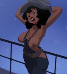  1girl absurdres armpits arms_behind_head atlantis:_the_lost_empire audrey_ramirez between_breasts black_hair breasts cleavage cowboy_shot dark-skinned_female dark_skin highres inker_comics large_breasts looking_at_viewer medium_hair naked_overalls nipples open_mouth overalls shadow solo strap_gap tongue tongue_out 