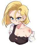  1girl absurdres android_18 battle_damage blonde_hair blue_eyes blush breasts cleavage closed_mouth collarbone dashi dragon_ball dragon_ball_z earrings highres jewelry long_sleeves multicolored_shirt shirt short_hair simple_background solo torn_clothes torn_shirt upper_body v-shaped_eyebrows white_background 