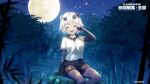  1girl animal_ears elbow_gloves extra_ears giant_panda_(kemono_friends) gloves highres kemono_friends kemono_friends_kingdom looking_at_viewer moon night night_sky official_art open_mouth panda_ears pantyhose sailor_collar school_uniform short_hair skirt sky smile solo tail white_hair 