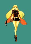  1girl aqua_background bangs bare_legs belt black_cape black_dress black_footwear black_gloves blonde_hair blunt_bangs boots cape character_request dress gloves highres limited_palette long_hair looking_at_viewer parted_lips short_dress simple_background smile snk solo suyinliao the_king_of_fighters 