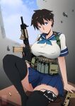  1girl absurdres ammunition artist_logo assault_rifle belt black_hair black_thighhighs blue_eyes blue_neckerchief blue_sailor_collar blue_skirt blue_sky breasts closed_mouth commission day desk gun handgun harness head_tilt highres holding holding_gun holding_weapon indoors knee_up large_breasts light_frown looking_at_viewer magazine_(object) magazine_(weapon) mask mask_removed miniskirt mouth_mask mrxinom neckerchief on_desk original pleated_skirt pouch rifle sailor_collar school_uniform serafuku shell_casing shirt short_hair sitting skirt sky solo thighhighs utility_belt weapon weapon_request white_shirt window 