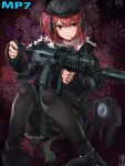  1girl absurdres b2w beret fur_trim girls&#039;_frontline gun h&amp;k_mp7 hat highres jacket mp7_(girls&#039;_frontline) pantyhose pleated_skirt red_hair red_nails ribbon short_hair side_ponytail sketch skirt solo submachine_gun suppressor weapon 