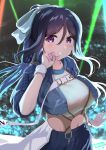  1girl absurdres bangs birthday blue_hair blush breasts character_name commentary dated english_text evildaddy12 high_ponytail highres large_breasts long_hair love_live! love_live!_sunshine!! matsuura_kanan midriff navel ponytail sidelocks smile solo upper_body wristband 