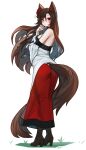  1girl animal_ears ass bare_shoulders black_footwear boots brown_hair commentary ehrrr full_body hair_between_eyes hand_up high_heel_boots high_heels highres imaizumi_kagerou long_hair long_skirt long_sleeves looking_at_viewer off-shoulder_shirt off_shoulder red_eyes red_skirt shirt simple_background skirt solo standing tail touhou unfinished very_long_hair white_background white_shirt wolf_ears wolf_tail 