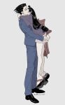  1boy 1girl ace_attorney bare_legs barefoot black_hair blue_suit carrying forehead formal full_body height_difference hetero highres hug long_hair low-tied_long_hair maya_fey omen_hohoho phoenix_wright platform_footwear profile simple_background suit zouri 