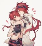  2boys black_shirt blush closed_mouth crop_top dual_persona elsword elsword_(character) highres long_hair looking_at_viewer male_focus midriff multiple_boys navel rar_(rmrs1227) red_eyes red_hair rune_master_(elsword) rune_slayer_(elsword) shirt short_sleeves smile tattoo white_background white_shirt 