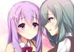  2girls aqua_eyes aqua_hair aria. bangs blurry blurry_background blush bow bowtie brown_vest closed_mouth collar commentary eyelashes friends furrowed_brow hair_between_eyes hair_ornament hairclip ise_kotori jacket light_purple_hair lips long_hair looking_at_another multiple_girls open_mouth profile purple_eyes red_bow red_bowtie riddle_joker school_uniform shikibe_mayu shirt sidelocks simple_background smile vest white_collar white_shirt wing_hair_ornament yellow_jacket yuzu-soft 