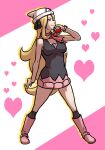  1girl beanie black_shirt blonde_hair boots closed_mouth cosplay cynthia_(pokemon) dawn_(pokemon) dawn_(pokemon)_(cosplay) eyelashes full_body habatakuhituji hair_ornament hand_up hat heart holding holding_poke_ball legs_apart long_hair over-kneehighs pink_footwear pink_scarf pink_skirt poke_ball poke_ball_(basic) pokemon pokemon_(anime) pokemon_dppt_(anime) poketch scarf shirt skirt sleeveless sleeveless_shirt smile solo standing thighhighs watch wristwatch 