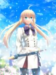  1girl absurdres ahoge aqua_eyes arms_behind_back artoria_caster_(fate) artoria_caster_(second_ascension)_(fate) artoria_pendragon_(fate) bangs belt belt_buckle black_pantyhose blonde_hair blue_belt blue_bow blue_sky bow bowtie buckle buttons cloud commentary day dress fate/grand_order fate_(series) grin hair_between_eyes highres long_hair long_sleeves looking_away outdoors pantyhose petals revision sheath sheathed shoori_(migiha) short_sword sky smile solo sword takeuchi_takashi_(style) twintails weapon white_dress 
