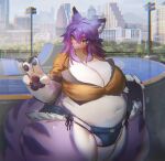  4_fingers anthro big_breasts bottomwear breasts cleavage clothed clothing curvy_figure day eyebrow_through_hair eyebrows female fingers fur gesture hair hi_res huge_breasts huge_thighs kemono long_hair midriff multicolored_body multicolored_fur navel outside overweight overweight_anthro overweight_female pawpads portrait purple_body purple_fur purple_hair skateboard solo standing thick_thighs three-quarter_portrait topwear translucent translucent_hair tsukiyo unknown_species utterangle v_sign voluptuous water white_body white_fur wide_hips yellow_eyes 
