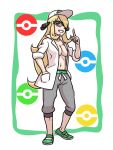  1girl baseball_cap blonde_hair blush breasts capri_pants coat commentary_request cosplay cynthia_(pokemon) full_body green-framed_eyewear green_footwear grey_pants grin habatakuhituji hair_ornament hand_in_pocket hand_up hat index_finger_raised kukui_(pokemon) kukui_(pokemon)_(cosplay) long_hair navel no_bra open_clothes open_coat pants pokemon pokemon_(game) pokemon_dppt pokemon_sm shoes smile solo standing sunglasses teeth white_background white_coat white_headwear 