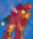  arm_cannon english_commentary from_below fusion green_eyes gundam hayden_sherman highres mecha metroid mobile_suit mobile_suit_gundam one-eyed open_hand open_hatch robot samus_aran science_fiction sky star_(sky) starry_sky weapon western_comics_(style) zaku_ii 