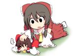  ... 2girls ascot bangs black_eyes blush bow brown_hair collared_shirt commentary_request cookie_(touhou) detached_sleeves frilled_bow frilled_hair_tubes frilled_shirt_collar frilled_skirt frills full_body hair_between_eyes hair_bow hair_tubes hakurei_reimu hand_on_another&#039;s_head long_hair looking_at_another majikaru_yakikashi minigirl multiple_girls open_mouth red_bow red_skirt ribbon-trimmed_sleeves ribbon_trim sakenomi_(cookie) shirt sidelocks skirt skirt_set sleeveless sleeveless_shirt spoken_ellipsis touhou v-shaped_eyebrows white_sleeves wide_sleeves yellow_ascot 