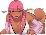  1girl all_fours blush bra braid breasts cleavage dark-skinned_female dark_skin detached_sleeves earrings english_text jewelry large_breasts long_hair looking_at_viewer ohasi original pink_(ohasi) pink_hair simple_background solo sweat thighhighs twin_braids underwear white_background 