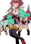  1boy 2girls absurdres aqua_hair black_thighhighs bracelet breasts brother_and_sister choker cleavage closed_eyes eyelashes fingerless_gloves garter_straps gloves highres izayoi_aki jacket jewelry large_breasts lua_(yu-gi-oh!) luca_(yu-gi-oh!) multiple_girls necklace open_clothes open_jacket red_choker red_hair red_jacket siblings sleeping thighhighs twins twintails white_background youko-shima yu-gi-oh! yu-gi-oh!_5d&#039;s 