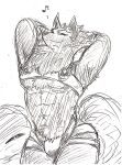  abs anthro armor bathym canid canine canis clothing demon donguri306 hands_behind_head hi_res horn jockstrap lifewonders looking_at_viewer male mammal muscular muscular_anthro muscular_male pecs sketch smile solo tokyo_afterschool_summoners traditional_media_(artwork) unconvincing_armor underwear wolf 