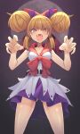  1girl ass_visible_through_thighs bangs belt blonde_hair blush bow bowtie breasts brown_hair brown_horns claw_pose cleavage commentary_request double_bun fangs feet_out_of_frame full_moon hair_bow hair_bun horn_ornament horn_ribbon horns ibuki_suika looking_at_viewer lotus_eaters medium_breasts medium_hair moon open_mouth purple_ribbon purple_skirt red_bow red_bowtie ribbon shirt skirt sleeveless sleeveless_shirt smile solo thighs touhou white_shirt z.o.b 