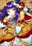  1girl absurdres bangs blue_gemstone blunt_bangs blush coin crystal detached_sleeves dress eyelashes gem gloves gold_coin green_gemstone hanazono_shuuka highres holding holding_coin idol_time_pripara jewelry lying on_back open_mouth pink_gemstone ponytail pretty_(series) pripara purple_eyes purple_hair red_gemstone shiraie solo sparkling_eyes white_gloves white_sleeves 