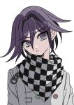  1boy absurdres arm_strap checkered_clothes checkered_scarf closed_mouth danganronpa_(series) danganronpa_v3:_killing_harmony expressionless head_tilt highres looking_at_viewer male_focus ouma_kokichi purple_eyes purple_hair scarf short_hair solo standing straitjacket upper_body user_puar3433 white_background 