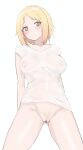  absurdres ass_visible_through_thighs blonde_hair blush breasts brown_eyes censored cleft_of_venus collarbone commission covered_nipples cowboy_shot ff_frbb122 girls&#039;_frontline highres medium_breasts mp40_(girls&#039;_frontline) non-web_source pubic_hair see-through see-through_shirt shirt short_sleeves simple_background skeb_commission wet wet_clothes wet_shirt white_background white_shirt 
