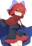  1girl bangs black_shirt blue_bow blue_cape blush bow cape cowboy_shot hair_between_eyes hair_bow highres long_sleeves miz_(mizillustration) parted_lips pleated_skirt red_cape red_eyes red_hair red_skirt sekibanki shirt short_hair simple_background skirt solo touhou white_background 