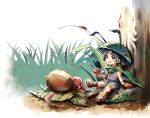  1boy acorn against_tree berry black_hair boots brown_footwear bug cape dirt earthworm food grass green_cape helmet holding holding_food husagin issun japanese_clothes ladybug leaf licking_lips male_focus miniboy ookami_(game) paintbrush short_hair sitting solo thick_eyebrows tongue tongue_out tree white_wristband 