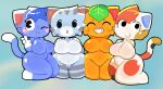  2022 :3 animal_crossing anthro beady_eyes blue_body blue_fur blue_hair blush breasts digital_drawing_(artwork) digital_media_(artwork) domestic_cat eyes_closed featureless_breasts featureless_crotch felid feline felis female fur gesture glistening glistening_body glistening_fur grey_body grey_fur group hair happy hi_res leaf lolly_(animal_crossing) looking_at_viewer mammal naturally_censored navel nintendo nipple_tuft nude orange_body pose pupils purrl_(animal_crossing) rosie_(animal_crossing) short_stack sitting sleepysous slightly_chubby smile tangy_(animal_crossing) teeth thick_thighs tuft v_sign white_body white_fur 