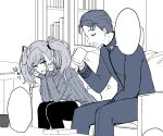  1boy 1girl admiral_(kancolle) atlanta_(kancolle) couch cup feet_out_of_frame greyscale hands_on_own_face kantai_collection monochrome mug ribbed_sweater shigure_ryuunosuke sitting sleeves_past_wrists sweater template thighhighs two_side_up 