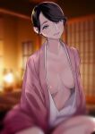  1girl black_hair blurry blurry_background breasts closed_mouth commentary_request dytm grey_eyes highres indoors japanese_clothes kimono large_breasts lips long_sleeves looking_at_viewer mole open_clothes open_kimono original pink_kimono short_hair smile solo 