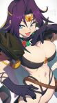  1girl abs armor artist_name bangs belt_pouch blue_eyes breasts cleavage commentary_request elbow_gloves gloves hand_on_hip hand_up hata4564 highleg highleg_panties highres jewelry large_breasts long_hair looking_at_viewer naga_the_serpent navel open_mouth panties parted_bangs pouch purple_hair shiny_clothes shoulder_armor signature simple_background slayers smile spikes stomach tiara underwear 