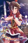  1girl absurdres animal_ears bangs bare_shoulders blurry blurry_background brown_eyes brown_hair christmas cloud cloudy_sky cosplay daiwa_scarlet_(scarlet_nuit_etoile)_(umamusume) daiwa_scarlet_(scarlet_nuit_etoile)_(umamusume)_(cosplay) daiwa_scarlet_(umamusume) dress gloves hair_over_one_eye highres horse_ears horse_girl horse_tail illuminate_the_heart_(umamusume) komachi_(gao_13) long_hair looking_at_viewer night night_sky open_mouth outdoors ponytail red_dress red_gloves sky snowing solo tail umamusume very_long_hair vodka_(umamusume) 