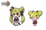  2girls :&gt; ai-chan_(chrono_navi)_(honkai_impact) ai-chan_(honkai_impact) bangs black_bow black_skirt blush bow braid chibi closed_eyes closed_mouth commentary_request copyright_name double_bun elbow_gloves gloves green_hair hair_between_eyes hair_bow hair_bun hair_ornament hair_rings hairclip honkai_(series) honkai_impact_3rd meadow_(morphinecaca) multiple_girls pleated_skirt red_eyes red_gloves shirt shoes simple_background single_glove skirt sleeveless sleeveless_shirt striped striped_bow thighhighs triangle_mouth twintails watermark white_background white_footwear white_shirt white_thighhighs 