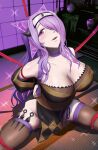  1girl arms_behind_back bare_shoulders breasts camilla_(fire_emblem) camilla_(ninja)_(fire_emblem) fire_emblem fire_emblem_fates fire_emblem_heroes fishnet_thighhighs fishnets forehead_protector hair_over_one_eye highres kunai large_breasts long_hair matoimangekyo official_alternate_costume open_mouth ponytail purple_eyes purple_hair solo thighhighs weapon 