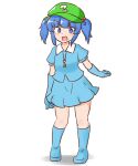  1girl :d bangs blue_eyes blue_footwear blue_gloves blue_hair blue_shirt blunt_bangs boots bright_pupils full_body gloves green_headwear hair_bobbles hair_ornament happy hat kawashiro_nitori key mizusoba open_mouth pigeon-toed rubber_boots shirt simple_background skirt smile solo standing touhou white_background white_pupils wing_collar 