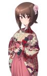  1girl blush breasts brown_eyes brown_hair closed_mouth flower girls_und_panzer hair_flower hair_ornament highres japanese_clothes kimono kuzuryuu_kennosuke large_breasts looking_at_viewer nishizumi_maho shiny_skin short_hair simple_background smile solo upper_body white_background 