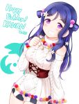  1girl alternate_hairstyle bangs birthday blue_hair blush breasts cable_knit character_name commentary dated english_text flower grin hair_flower hair_ornament happy_birthday kurose_yuuki large_breasts long_hair looking_at_viewer love_live! love_live!_sunshine!! matsuura_kanan purple_eyes sidelocks smile solo sweater upper_body wavy_hair white_background 