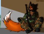  against_surface anthro apathetic big_tail canid canine clothed clothing eating eating_food eli_cruz food gun hi_res holding_object looking_away male mammal maned_wolf military_clothing military_uniform mre ranged_weapon saintversa shadow shotgun simple_background sitting sitting_on_ground solo tail uniform weapon 