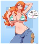  1girl absurdres arm_behind_head bikini border breasts brown_eyes coin denim earrings english_text gold green_bikini highres huge_breasts jeans jewelry long_hair looking_at_viewer nami_(one_piece) navel one_piece orange_hair pants panty_straps pearl_earrings signature simmsy simple_background speech_bubble swimsuit teeth white_border 