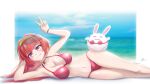  1girl animal_ears breasts cleavage fang fluffy hibiki_du_ca highres hitatsuphat large_breasts long_hair lying nijigen_project ocean on_side pink_eyes pink_hair rabbit_ears smile swimsuit v vietnamese_commentary virtual_youtuber 