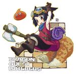  1girl :d animal_ears arm_up armpits axe bangs black_pants blue_scarf bob_cut boots brown_footwear brown_gloves copyright_name dragon_quest dragon_quest_builders dress female_builder_(dqb) fox_ears fox_girl fox_tail full_body gloves goggles goggles_on_head holding holding_axe holding_weapon kukuri_(mawaru) mawaru_(mawaru) multiple_tails open_mouth pants red_dress scarf short_hair simple_background sleeveless sleeveless_dress slime_(dragon_quest) smile solo tail weapon white_background 